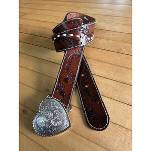 Unbranded 1.5" Western Tooled Brown Leather Belt Heart Buckle 34